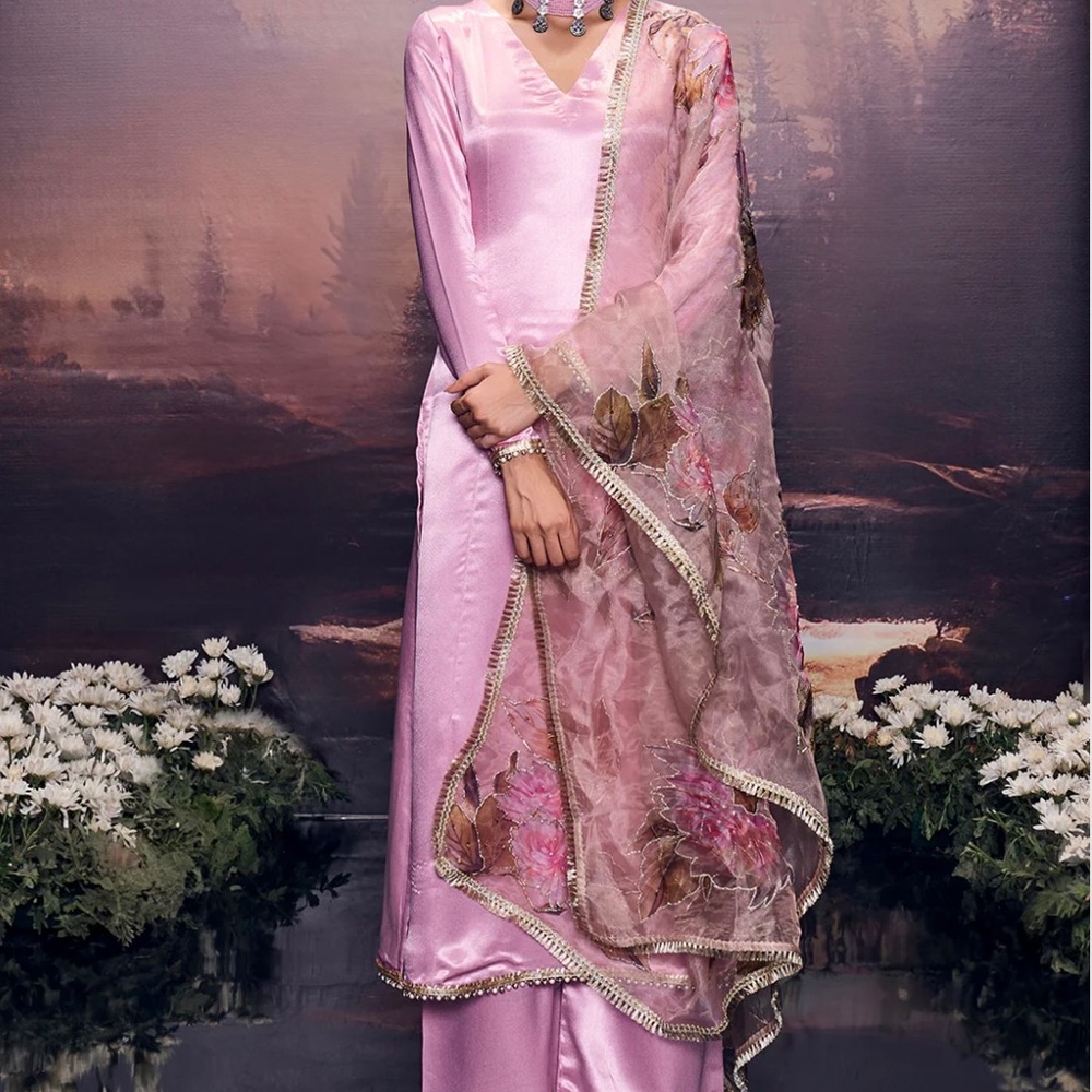 Dusty Pink Embroidered Satin Palazzo Selwar